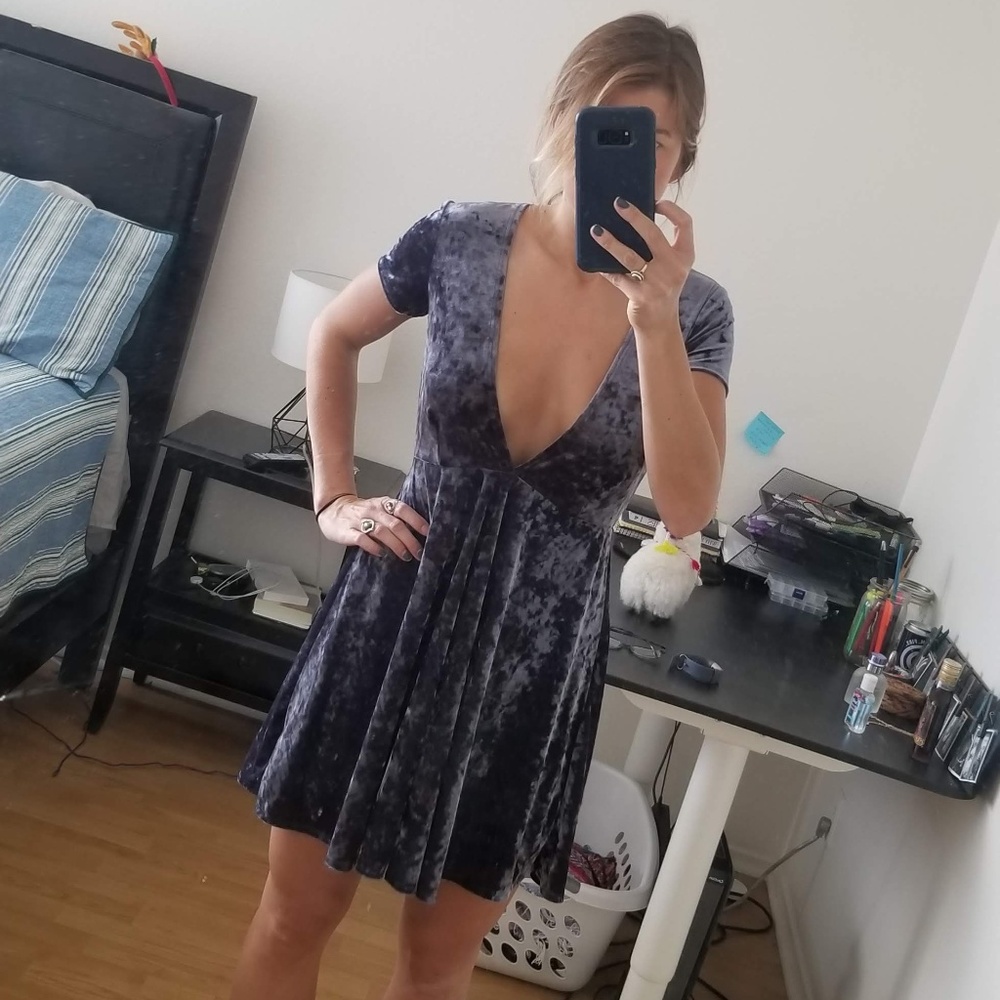 Velvet V- Neck Mini Dress - BLUE